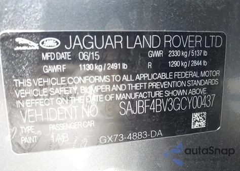 2016 Jaguar Xf 35T R-Sport from USA, damaged, VIN SAJBF4BV3GCY00437